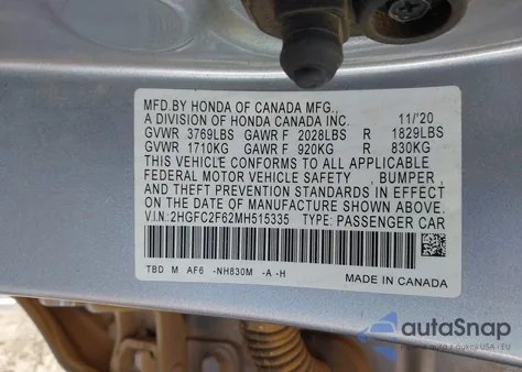 2021 Honda Civic Lx из США, поврежденный, VIN 2HGFC2F62MH515335